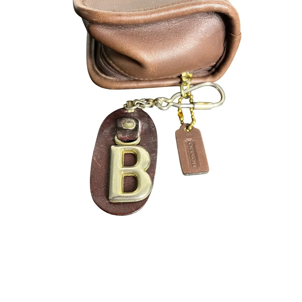 Coach Cosmetic Case OS Brown Leather Vintage Makeup Pouch Mirror Letter B Charm